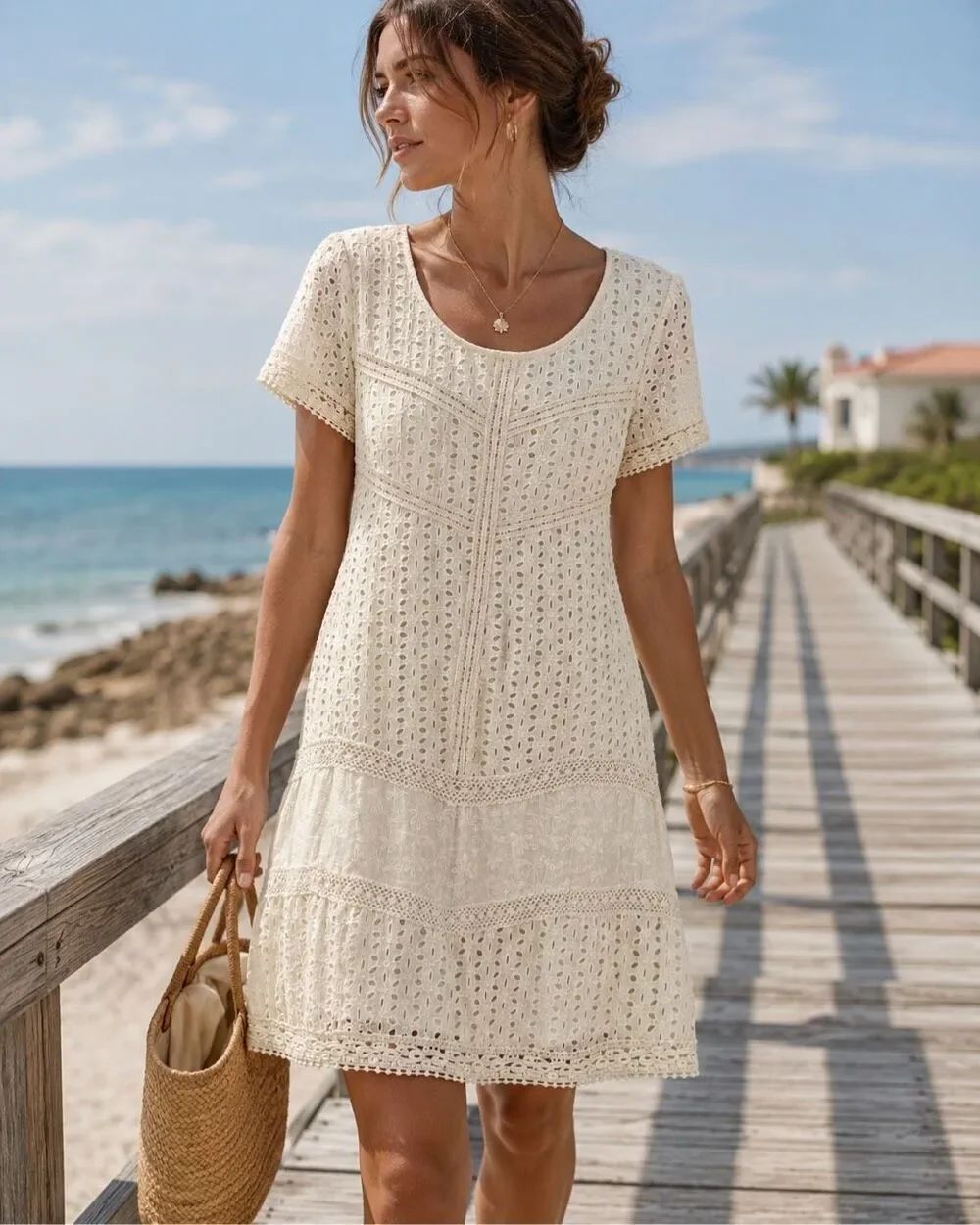 Sundance Womens Cream Embroidered Eyelet Layered Cotton Midi Dress Size 12